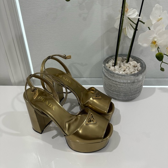 Prada Gold Platform logo Heels for Women 38.5 - Picture 7 of 11